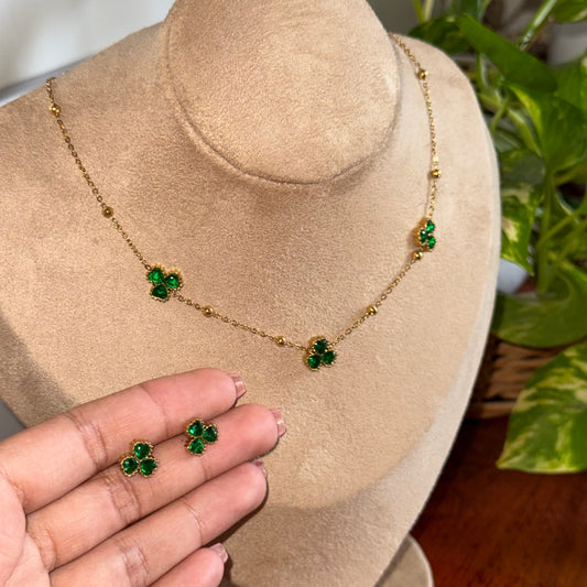 Emerald Clover Necklace + Earring Set