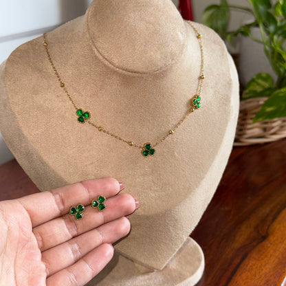 Emerald Clover Necklace + Earring Set